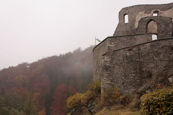 Herbstzauber - Blick auf die Burgruine. Die Mauern sind unverputzt. Die Ruine steht auf einem Felsen. Im Hintergrund befindet sich ein Hang mit Bäumen, die Herbstlaub tragen.