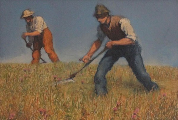 zwei Männer auf einer Wiese, die mit Sensen, das Gras mähen. Sie tragen Hüte und haben die Ärmel der weißen Hemden hochgekrempelt. Titel des Gemäldes: Die Schnitter, Öl auf Leinwand (Ausschnitt),von Heribert Fischer-Geisings Lauenstein