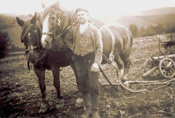 Lauensteiner Fuhrwerksbesitzer Paul Pellmann (1903 - 77). Schwarz-Weiß-Fotografie. Paul Pellmann steht auf einem Feld. er trägt Stiefel eine dunkle Hose, Weste mit Uhrenkette, Arbeitsjacke und Mütze, links neben ihm zwei Pferde mit Zaumzeug, rechts hinten am Bildrand Teil des Fuhrwerks.